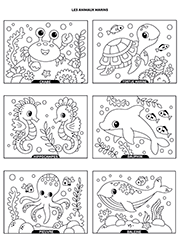 Page de coloriages d'animaux marins à imprimer : un crabe, une tortue marine, un hippocampe, un dauphin, une pieuvre et une baleine